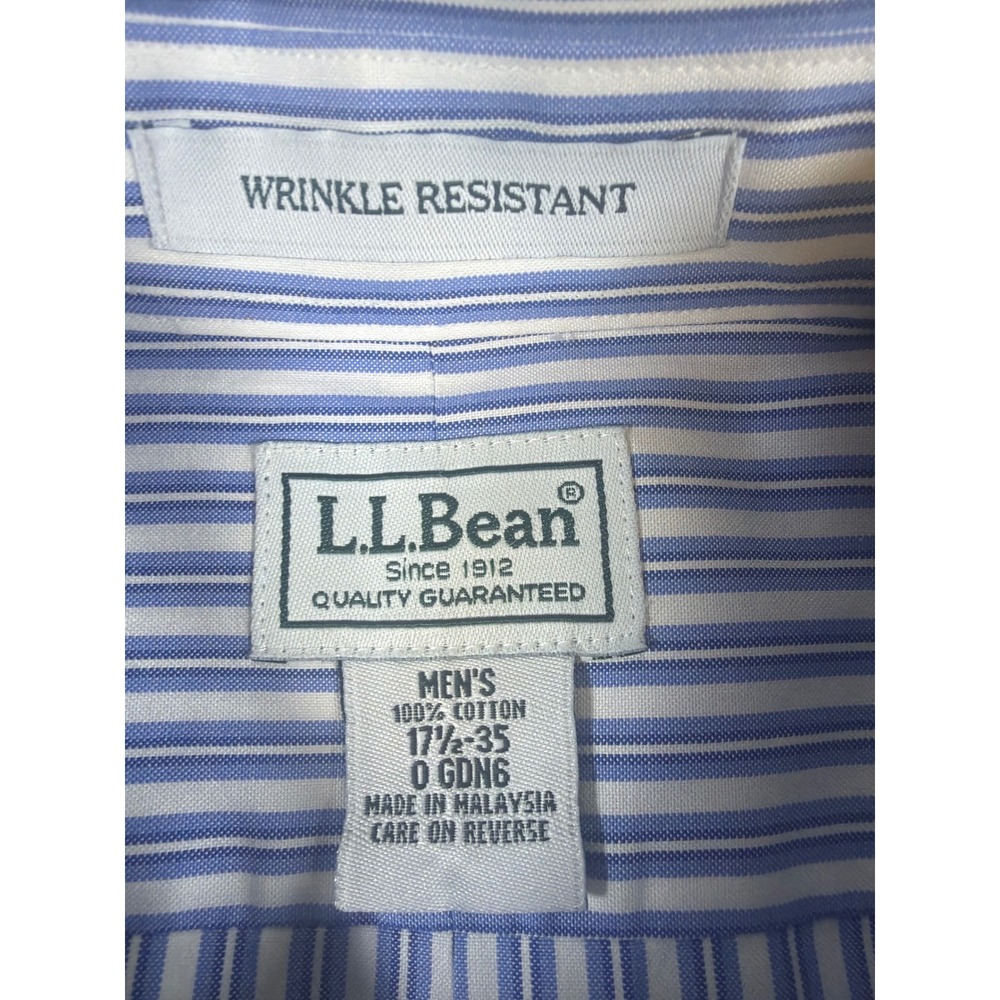 LL Bean Mens Striped Button Down Shirt Blue White Wrinkle Resistant 17.5 35 - Picture 2 of 7